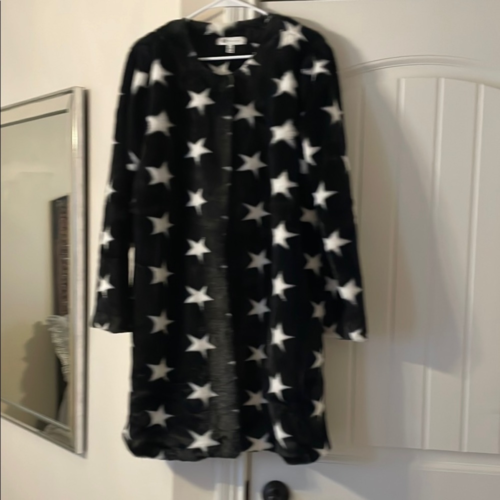 Faux Fur Jacket - Black w/white stars